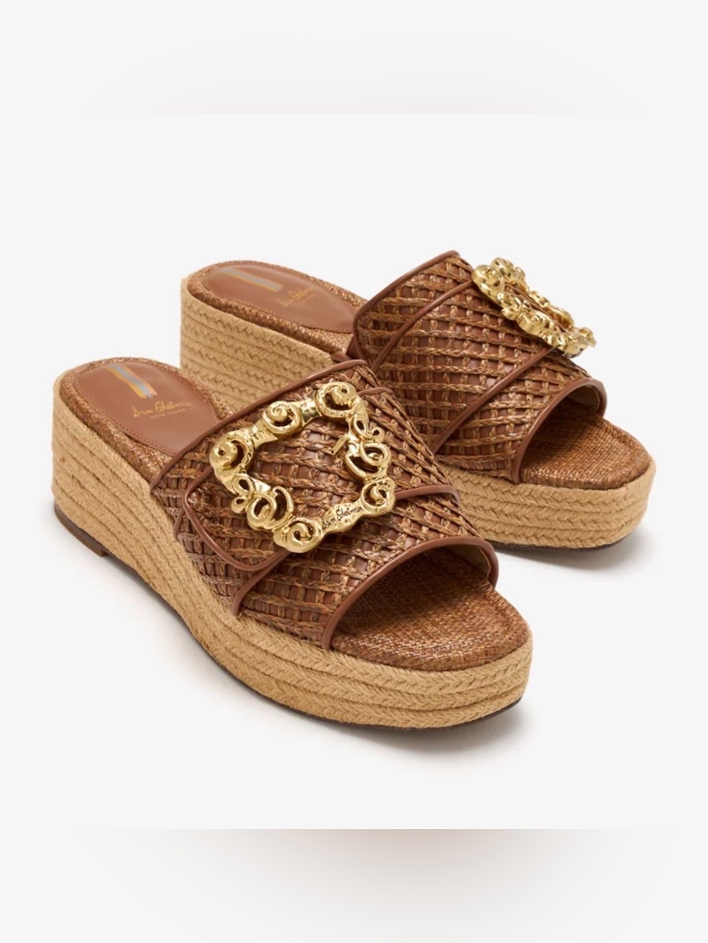 Sam Edelman Celia Raffia Brown Wedge Slide with Gold Buckle